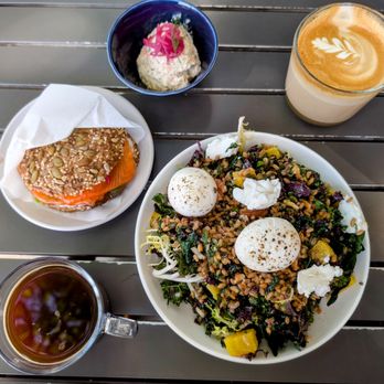 Kantine - Trout Sandwich with pickled onions, Smoked Trout Salad, Market salad (kale farro, beets, nuts & goat cheese) with Xtra egg, - Scandinavian Near Me - San Francisco, California Kantine - Trout Sandwich with pickled onions, Smoked Trout Salad, Market salad (kale farro, beets, nuts & goat cheese) with Xtra egg, - Scandinavian Near Me - San Francisco, California