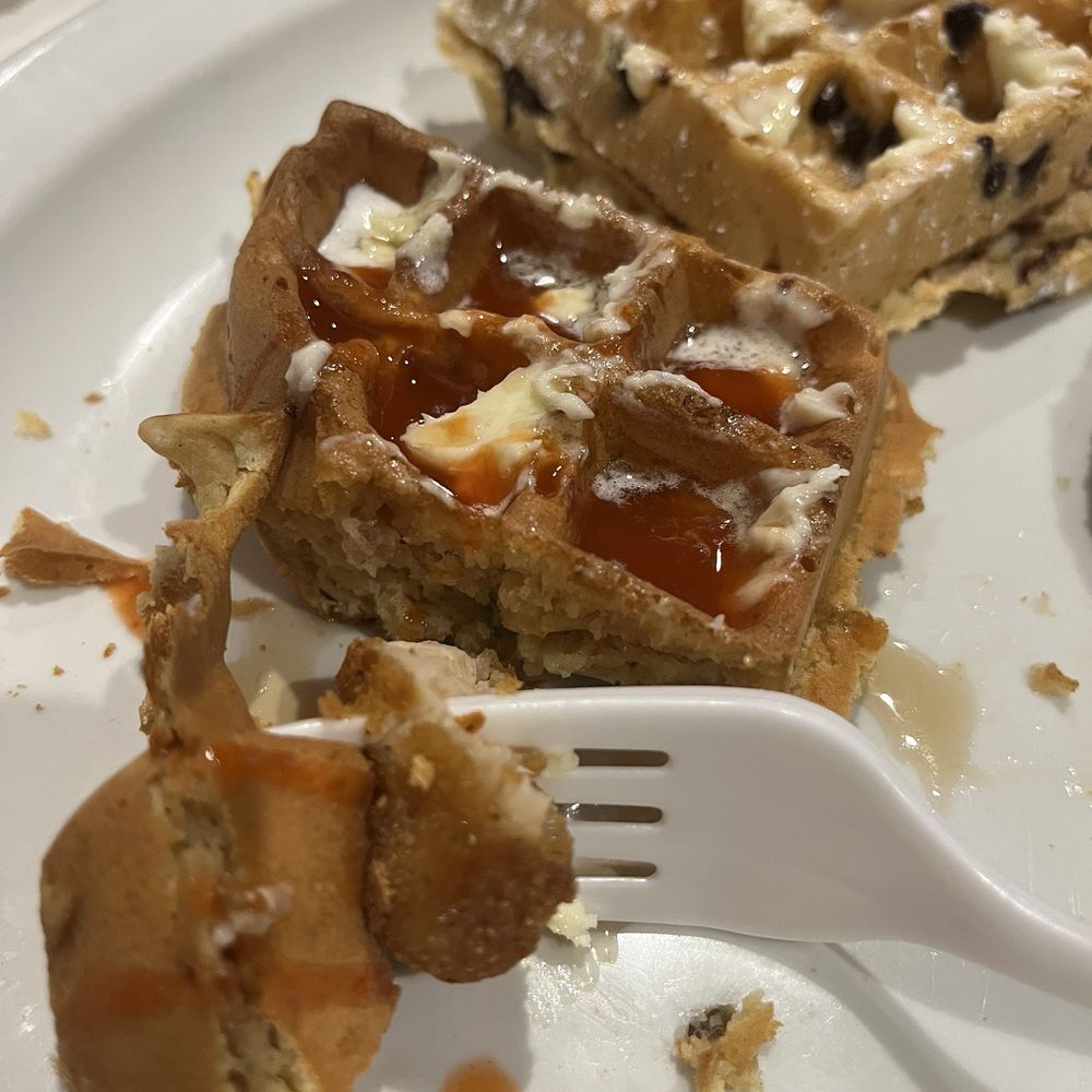 Kiki's Chicken and Waffles - The perfect bite: sweet potato, Texas Pete, chicken - American Near Me - Columbia, South Carolina