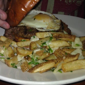 Emmett's Brewing Co - Burger with the egg and white truffle fries. Sketchy bacon-stuff hard to see, but falling off the side... - New American Near Me - West Dundee, Illinois