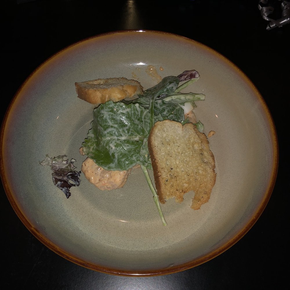 Restaurant Iris - Salad of shrimp remoulade, deviled egg vinaigrette, with a crostini (we split the salad portion) - Cajun/Creole Near Me - Memphis, Tennessee