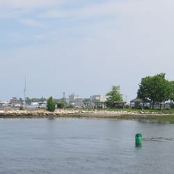 Four Tree Island - The end of the island is on the left, the covered picnic tables are on the right.