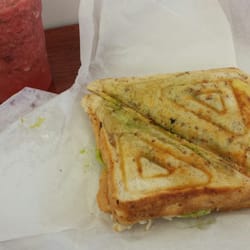 Crust & Crumbs - Sandwich & Juice Bar - Watermelon smoothie + jaffle with chicken, cheddar, and avocado