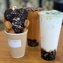 Chocolate Lover Bubble Waffle, Thai Tea Milk Tea, & Coconut Milk Tea Chocolate Lover Bubble Waffle, Thai Tea Milk Tea, & Coconut Milk Tea