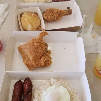 Jollibee - Longsilog, 2 pc chicken joy, mash potato with gravy, and cornsilog. - Fast Food Near Me - Honolulu, Hawaii