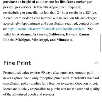 Cosmetic Laser Professionals MED SPA - Screen shot of Groupon- there is nothing about a clause on qualifying or not qualifying. - Laser Hair Removal Near Me - Miami, Florida Cosmetic Laser Professionals MED SPA - Screen shot of Groupon- there is nothing about a clause on qualifying or not qualifying. - Laser Hair Removal Near Me - Miami, Florida