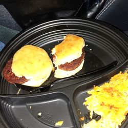 Cracker Barrel Old Country Store - Sausage biscuits and hashbrown casserole.