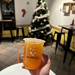 Mango green tea boba and holiday decor