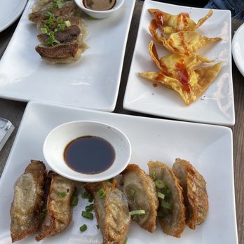 Chaplin's - vegetable gyoza - fried (bottom), pork gyoza - steamed (top left), fried wontons (top right) - Cocktail Bars Near Me - Washington, DC, District of Columbia