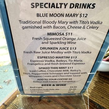 Blue Moon Grill - A menu from Blue Moon Grill in Wakefield, MA, featuring specialty drinks like Blue Moon Mary, Mimosa, Drunken Juice, Espresso Martini, and Spiked Thin Mint. - Breakfast & Brunch Near Me - Wakefield, Massachusetts