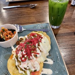 Huevos Rancheros Tostadas with a Kale Tonic to drink Huevos Rancheros Tostadas with a Kale Tonic to drink