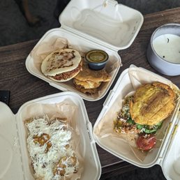 Chorizo arepa, patacon and tostones Chorizo arepa, patacon and tostones