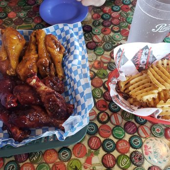 Flamin' Joe's - Huckleberry bbq and mango habanero jumbo chicken legs with waffle fries. - Chicken Wings Near Me - Spokane, Washington