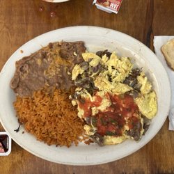 Fajita meat, eggs, rice & beans
