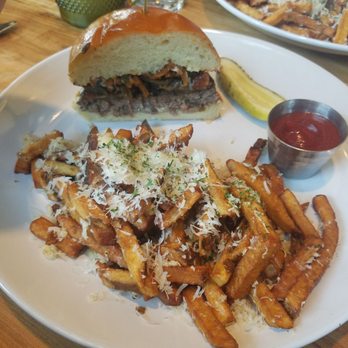 North Fork Tavern - Truffle burger, split into half for 2 plates. 15 dollars for the whole thing. - New American Near Me - Eugene, Oregon