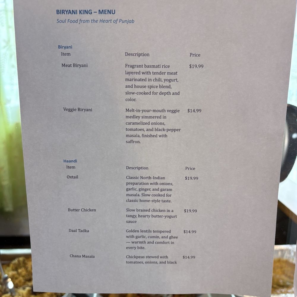 Biryani King - Menu description and prices. - Soul Food Near Me - Honolulu, Hawaii