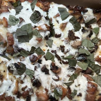 Square Pie Guys - Custom: white sauce, herb chicken, Italian sausage, mushroom, olive, basil, ranch - Pizza Near Me - Palo Alto, California Square Pie Guys - Custom: white sauce, herb chicken, Italian sausage, mushroom, olive, basil, ranch - Pizza Near Me - Palo Alto, California