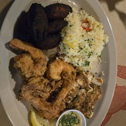 Crabcake and shrimp dinner with plantains and cilantro rice