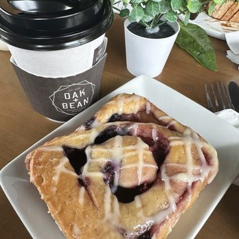 Oak + Bean - Honey Lavender Latte with macadamia milk and mixed berry sweet roll! - Coffee & Tea Near Me - Oswego, Illinois
