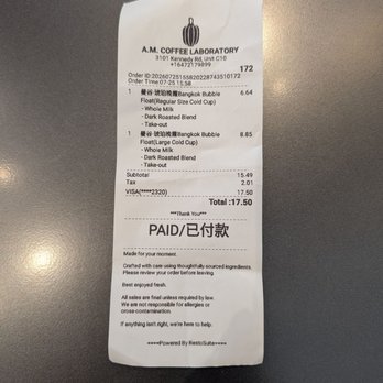 A.M. Coffee Laboratory - Receipt for 2 Bangkok Bubble - Coffee & Tea Near Me - Toronto, Ontario