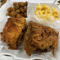2 pc fried chicken with macaroni and cheese and fried okra 2 pc fried chicken with macaroni and cheese and fried okra