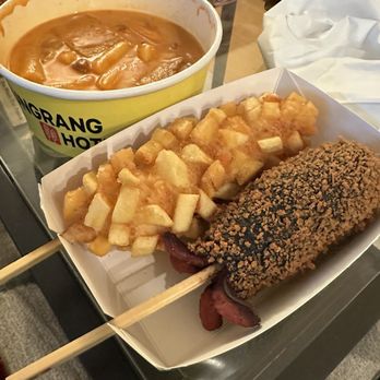 Myungrang Hot Dog - Berkeley - Squid ink and potato! both are delicious! The rose tteokbokki is so bomb too - DIP THE DOGS IN THEM!! Soo yummy! - Korean Near Me - Berkeley, California