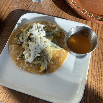 El Buen Comer - Fresh homemade corn tortilla, queso fresco, crema, corn, onions and rajas, with a mild habanero sauce. - Mexican Near Me - San Francisco, California