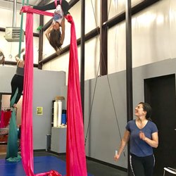 Gravity Aerial Arts - Miss Addie teaching Intermediate Fabric and Faith taking instruction.  You are so encouraging Miss Addie!