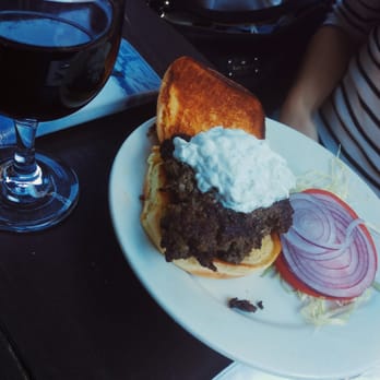 Two 8 Two Bar & Burger - Lamb burger (fresh ground lamb seasoned with fresh herbs and spices, topped with tzatziki sauce) ($13) - Burgers Near Me - Brooklyn, New York Two 8 Two Bar & Burger - Lamb burger (fresh ground lamb seasoned with fresh herbs and spices, topped with tzatziki sauce) ($13) - Burgers Near Me - Brooklyn, New York