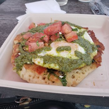 Shoop's - Savory tomato pesto pancake with 2 eggs over medium - Delis Near Me - Santa Monica, California Shoop's - Savory tomato pesto pancake with 2 eggs over medium - Delis Near Me - Santa Monica, California