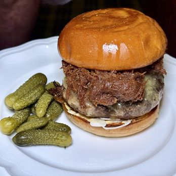 Butcher and the Rye - Butcher Burger - 28-day dry aged striploin & ribeye * sharp cheddar * oxtail jam, comes with shoestring fries - New American Near Me - Pittsburgh, Pennsylvania Butcher and the Rye - Butcher Burger - 28-day dry aged striploin & ribeye * sharp cheddar * oxtail jam, comes with shoestring fries - New American Near Me - Pittsburgh, Pennsylvania