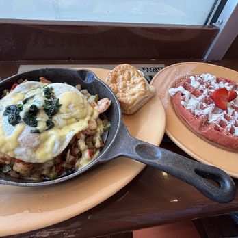 Joe Louis Southern Kitchen - Martha's Smoked Seafood Skillet Red velvet waffle - Breakfast & Brunch Near Me - Detroit, Michigan Joe Louis Southern Kitchen - Martha's Smoked Seafood Skillet Red velvet waffle - Breakfast & Brunch Near Me - Detroit, Michigan