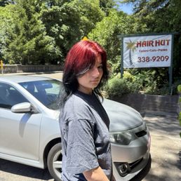 Exterior outside entrance of Hair Hut - Red/black - Boulder Creek, California Exterior outside entrance of Hair Hut - Red/black - Boulder Creek, California