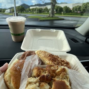 Kauai Bakery - Iced Chai Tea latte with 1 cinnamon/sugar and 1 custard malasada, 1 bread pudding and 1 coconut turnover! - Bakeries Near Me - Lihue, Hawaii