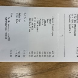 One burger and shake= $16.80 One burger and shake= $16.80