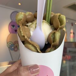Gino's Gelato - Matcha eggettes with vanilla ice cream