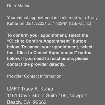 Tracy Kuhar Counseling - Proof of appointment confirmation - Counseling & Mental Health Near Me - Newport Beach, California Tracy Kuhar Counseling - Proof of appointment confirmation - Counseling & Mental Health Near Me - Newport Beach, California