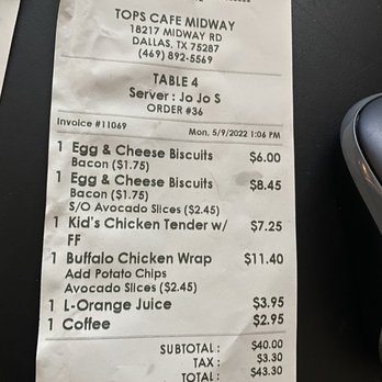 Tops Cafe - The receipt that was brought after my card was charged - Breakfast & Brunch Near Me - Dallas, Texas Tops Cafe - The receipt that was brought after my card was charged - Breakfast & Brunch Near Me - Dallas, Texas
