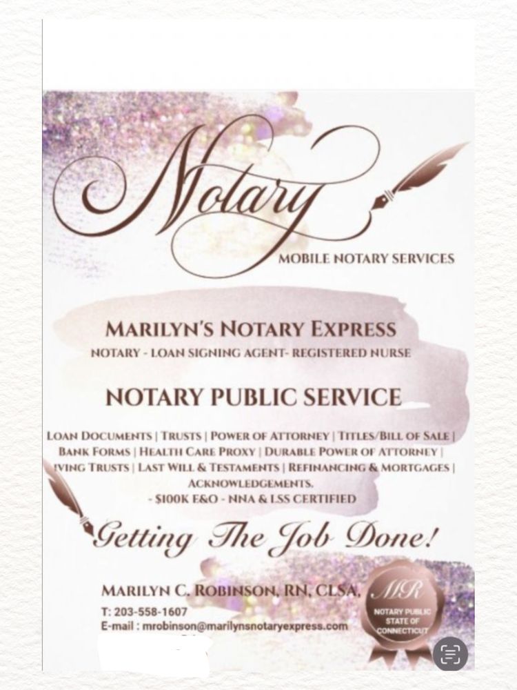 MARILYN’S NOTARY EXPRESS Updated April 2024 Waterbury, Connecticut