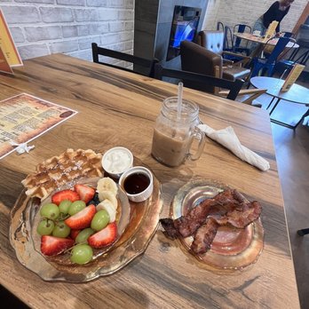 Cork & Bean - Waffle with fruit, side of bacon & iced dirty chai - Cafes Near Me - Oak Lawn, Illinois Cork & Bean - Waffle with fruit, side of bacon & iced dirty chai - Cafes Near Me - Oak Lawn, Illinois