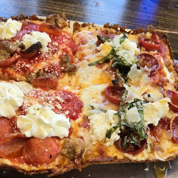 Blue Pan Pizza - Half Brooklyn Bridge, half Little Rose. Both halves were great! - Pizza Near Me - Golden, Colorado Blue Pan Pizza - Half Brooklyn Bridge, half Little Rose. Both halves were great! - Pizza Near Me - Golden, Colorado