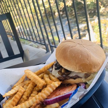 River View Grill & Bar - Mushroom Swiss Burger with seasoned fries - Bars Near Me - Three Rivers, California River View Grill & Bar - Mushroom Swiss Burger with seasoned fries - Bars Near Me - Three Rivers, California