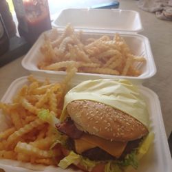 Hooked on Food - All American Burger with added bacon and fries