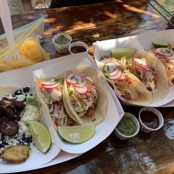 Tacoway Beach - Bean cheese and plantain taco, papas and chorizo tacos, and fish tacos - Mexican Near Me - Rockaway Beach, New York