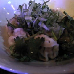 El Chino Snack Bar - Pork dumplings with shredded green onion and cilantro in a soy sauce.