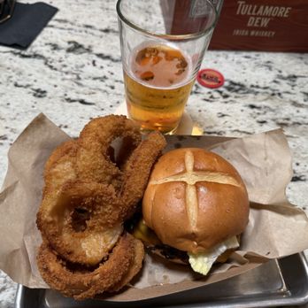 RiNo Beer Garden - Cheeseburger and onion rings - Beer Gardens Near Me - Denver, Colorado RiNo Beer Garden - Cheeseburger and onion rings - Beer Gardens Near Me - Denver, Colorado