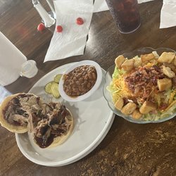 Sweet Southern Market & Restaurant  - Pulled pork sandwich with baked beans and a salad.  It's good