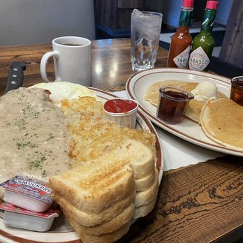BlondZee's Guest House - Chicken Fried Steak Hearty includes 3 eggs, browns, short stack, and toast. That steak extended under the hash browns, massive! - American Near Me - Salem, Oregon