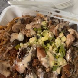 Chicken steak over noodles and fried rice. Chicken steak over noodles and fried rice.