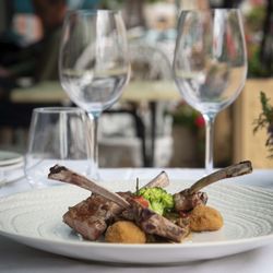 Hôtel de la Poste - Le pigeon, cuisses panées confites, filets suprêmes laqués, purée à l'ail des ours, brocolis