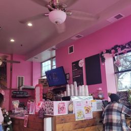 Love all of the pink all over this coffee shop! Love all of the pink all over this coffee shop!